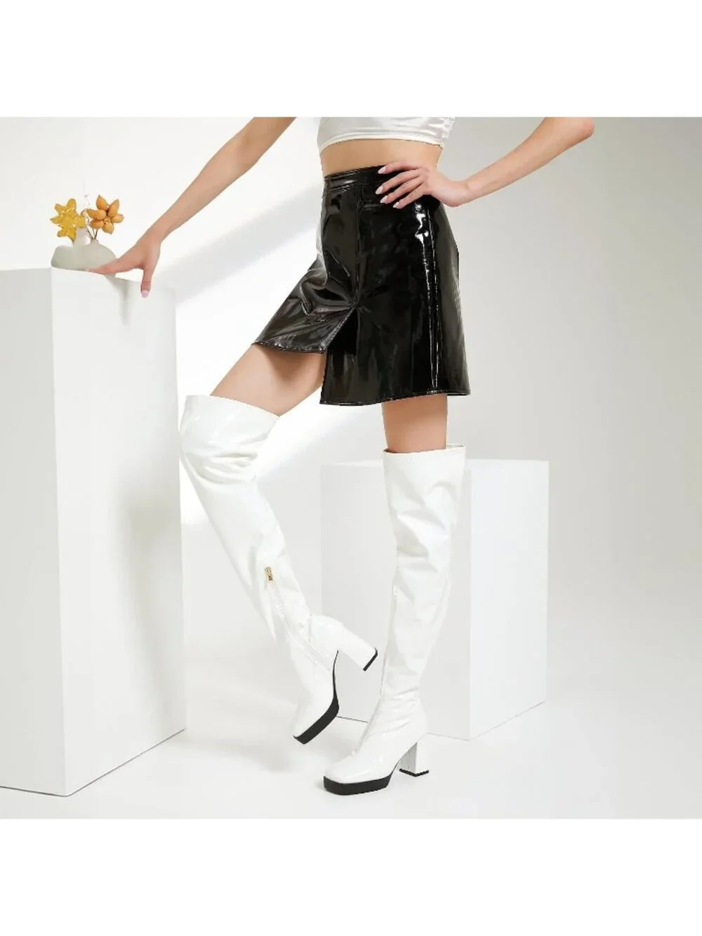 Women's White Patent Leather PU Square Toe Chunky Heel Stretch Boots